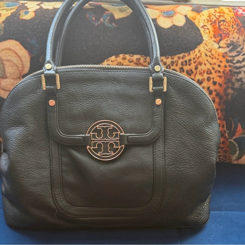 Tory Burch Black Leather Satchel with Gold Logo